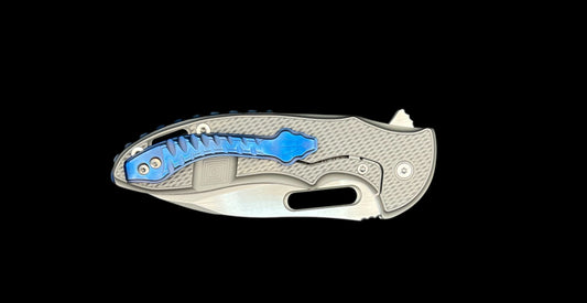 MECHFORCE RICK LALA COLLAB SENTRY FOLDING KNIFE DIAMOND PLATE TITANIUM HANDLE M390 with Electric Blue Anodized Pocket Clip and Back Spacer