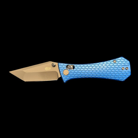 AUXMFG COFFIN CROSSBAR 2.7" EDC FOLDING KNIFE BLUE ANODIZED ALUMINUM SCALES - SMOKE PVD BLADE