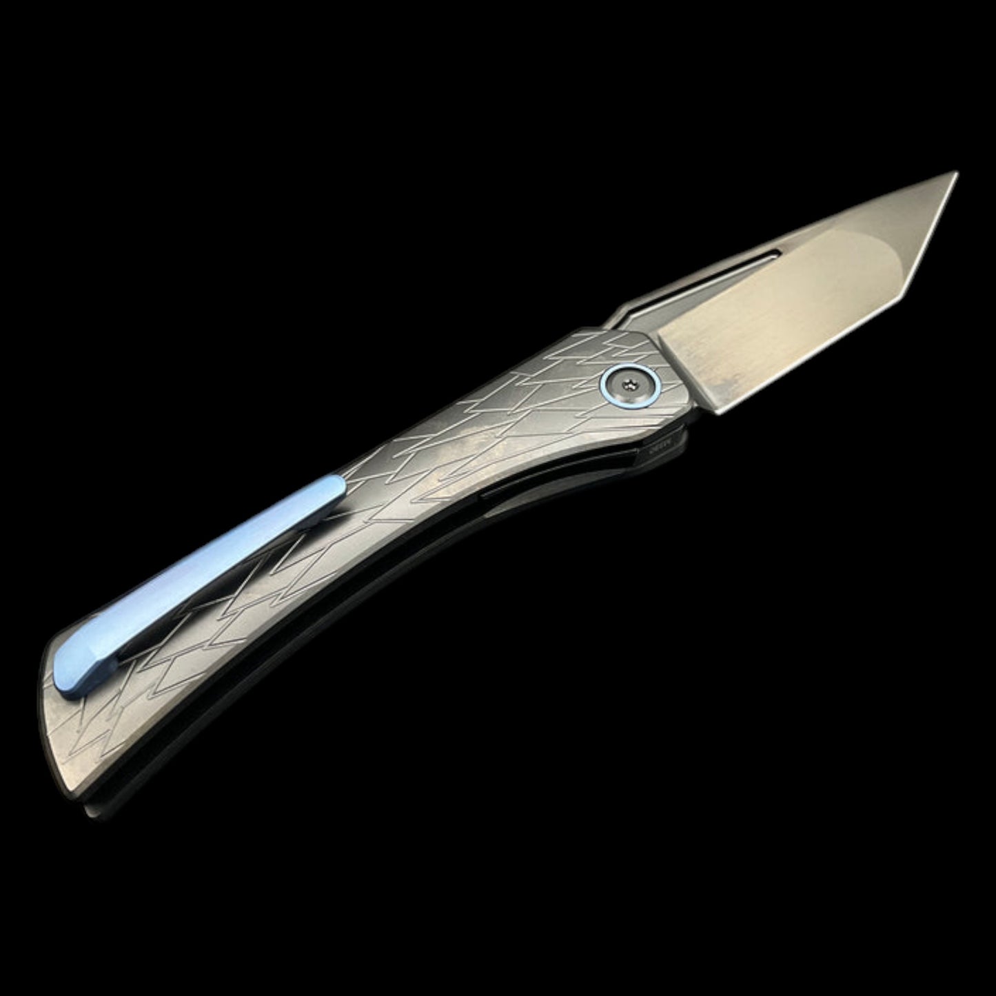 Ketuo Knife Usurper Liner Lock Folding Knife 3.43" M390 DLC Tanto Blade, DLC "Dragon Shard" Titanium Handles, Blue Pivot Collar, Blue Clip - KT-Usurper DLC