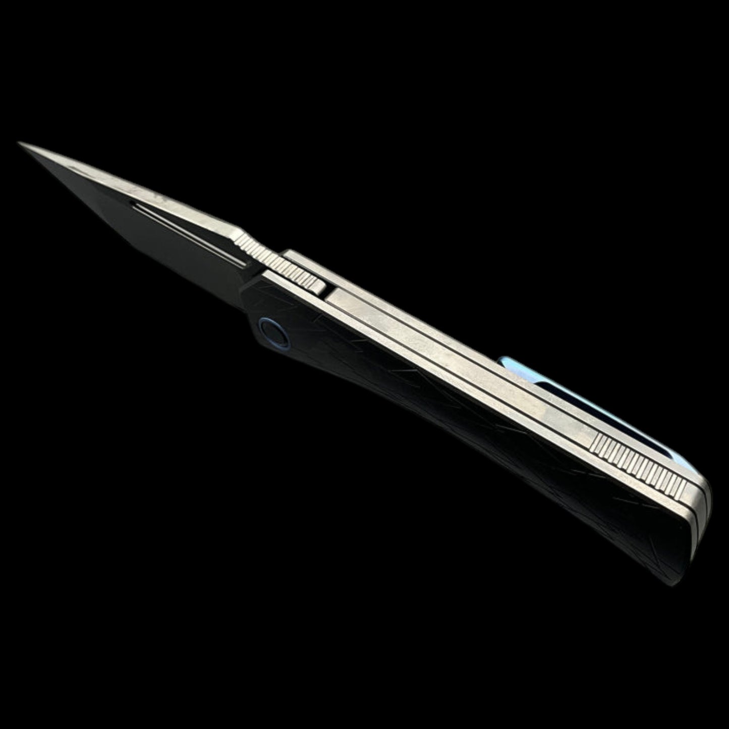 Ketuo Knife Usurper Liner Lock Folding Knife 3.43" M390 DLC Tanto Blade, DLC "Dragon Shard" Titanium Handles, Blue Pivot Collar, Blue Clip - KT-Usurper DLC
