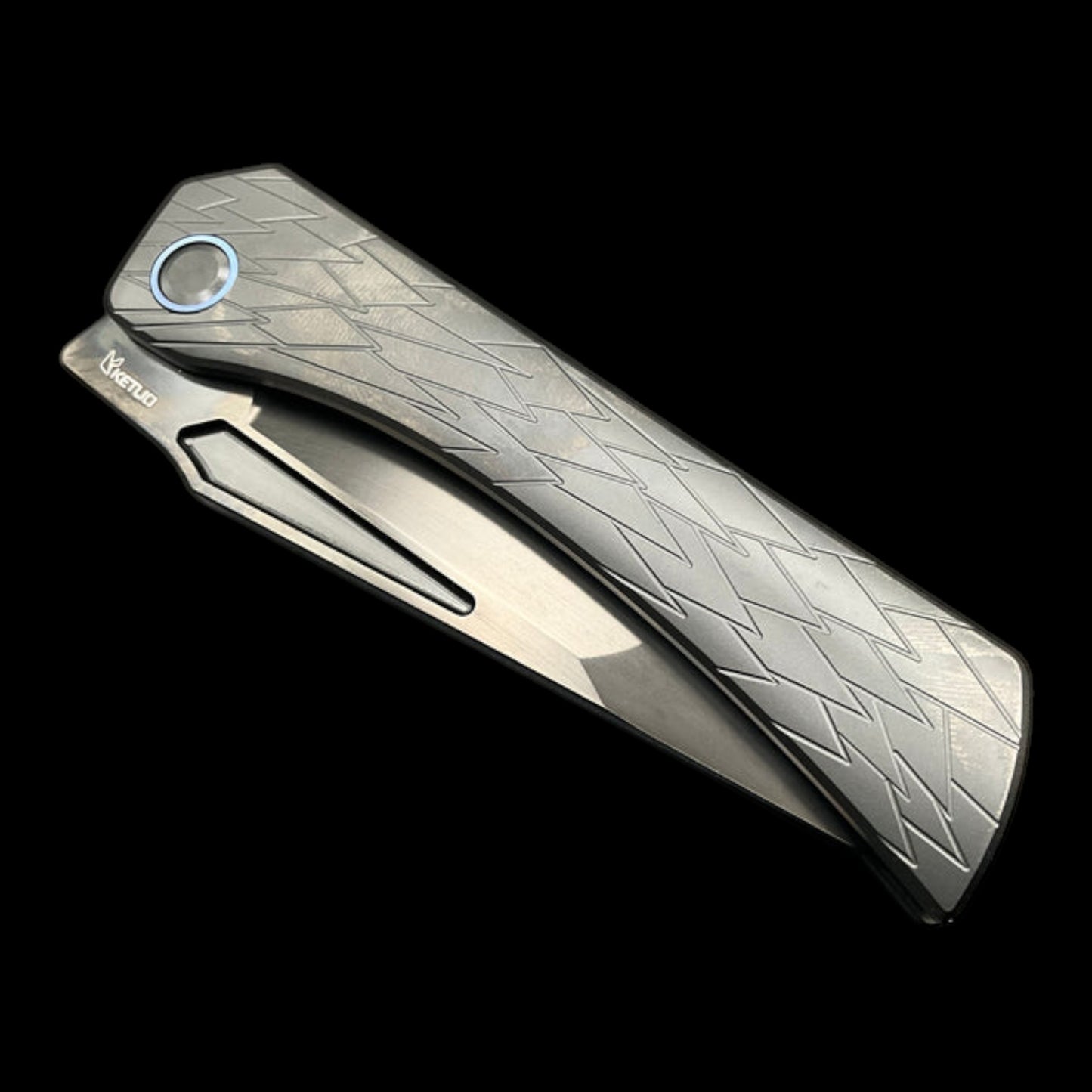 Ketuo Knife Usurper Liner Lock Folding Knife 3.43" M390 DLC Tanto Blade, DLC "Dragon Shard" Titanium Handles, Blue Pivot Collar, Blue Clip - KT-Usurper DLC