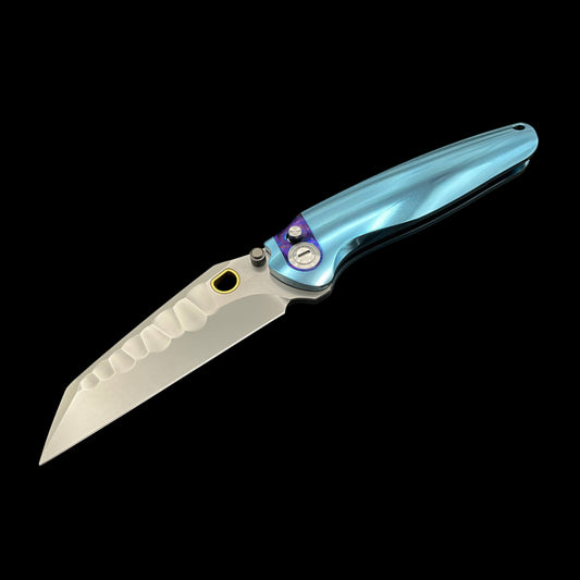 Ketuo Knife Dirty Bird Button Lock Folding Knife 3.74" M390 Bead Blast Wharncliffe Blade, Blue Titanium Handles with Mokuti Inlays - KT-Dirty Bird B