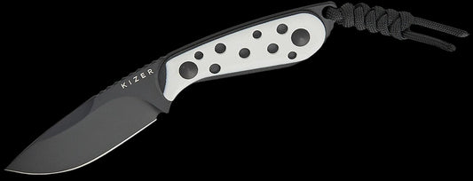 Kizer Cutlery Maksim Epifantsev BUDDY Fixed Blade Knife 3" Nitro-V Black PVD Drop Point Blade, Black and White G10 Handles, Kydex Sheath - 1081A3