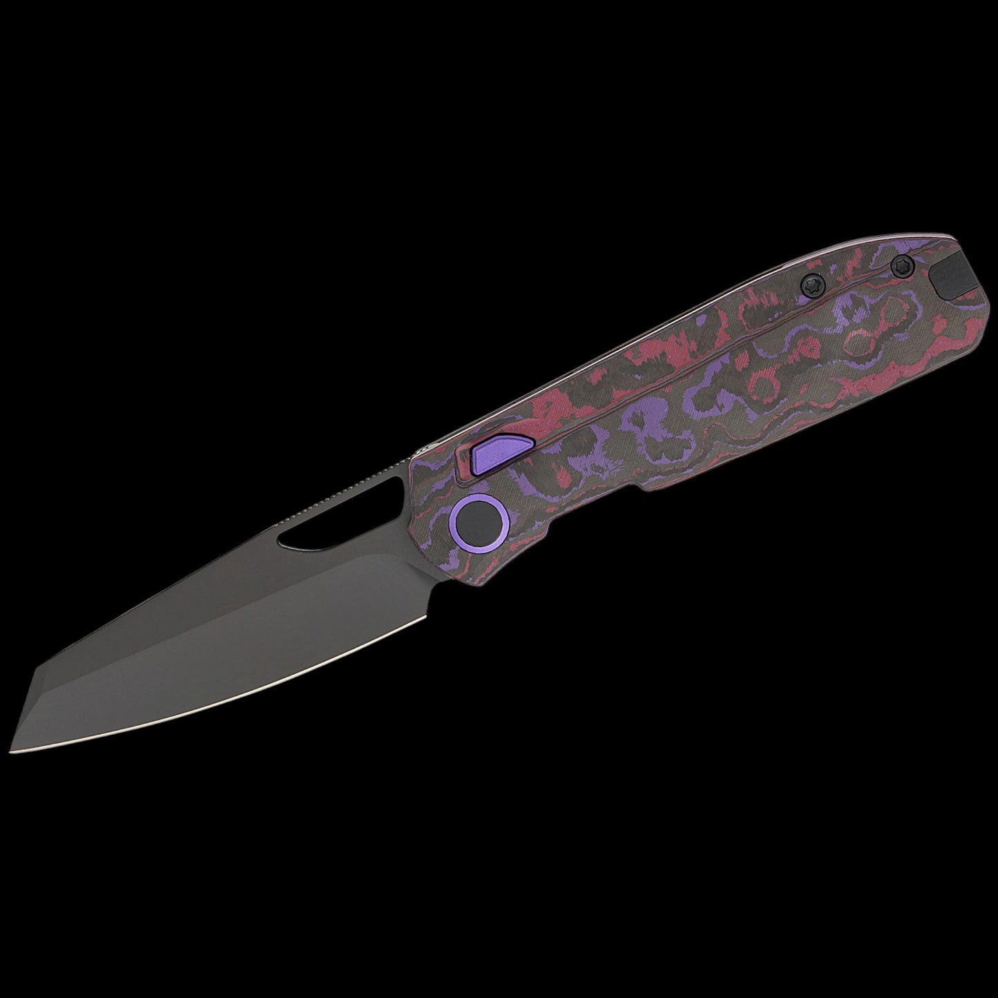 Kizer Cutlery Divo Knives Mash Button Liner Lock Folding Knife 3.21" M390 Matte Black DLC Ultra Modified Sheepsfoot Blade, Purple Haze FatCarbon Handles, Reversible Clip - Ki3699BSA2