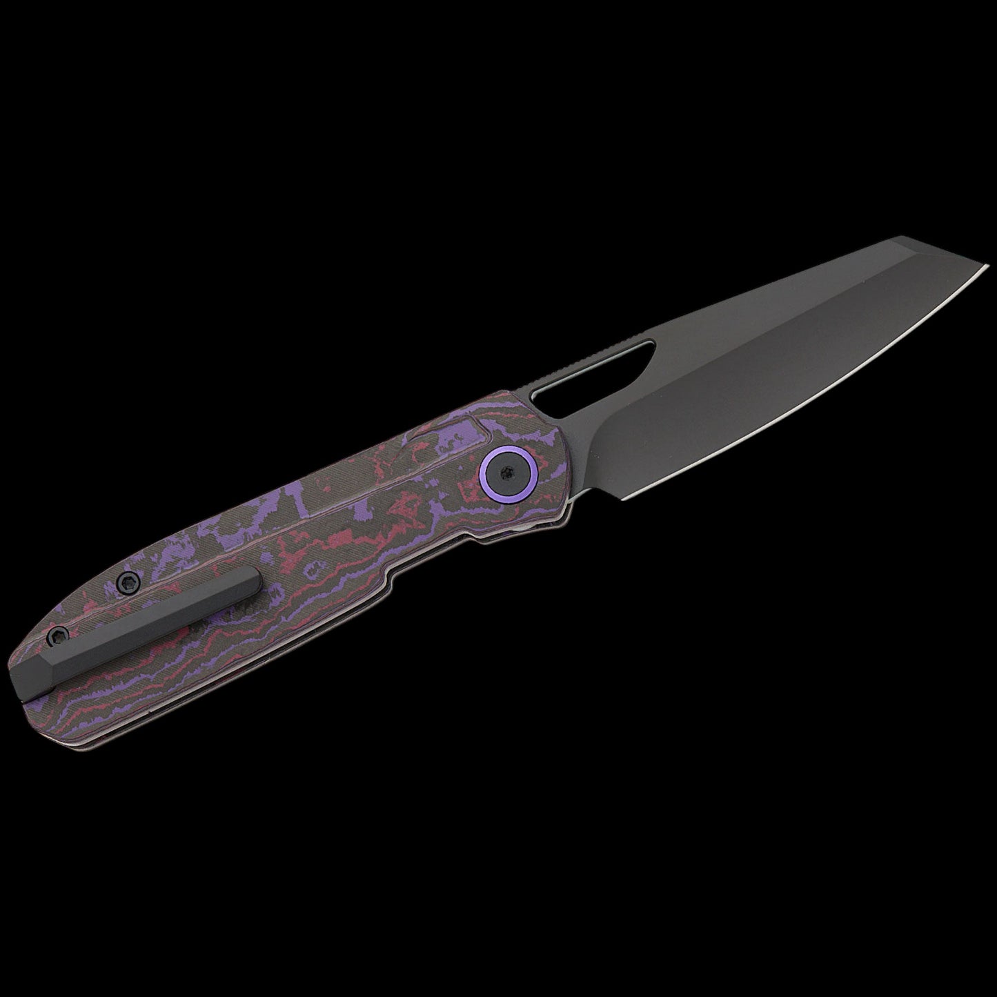 Kizer Cutlery Divo Knives Mash Button Liner Lock Folding Knife 3.21" M390 Matte Black DLC Ultra Modified Sheepsfoot Blade, Purple Haze FatCarbon Handles, Reversible Clip - Ki3699BSA2