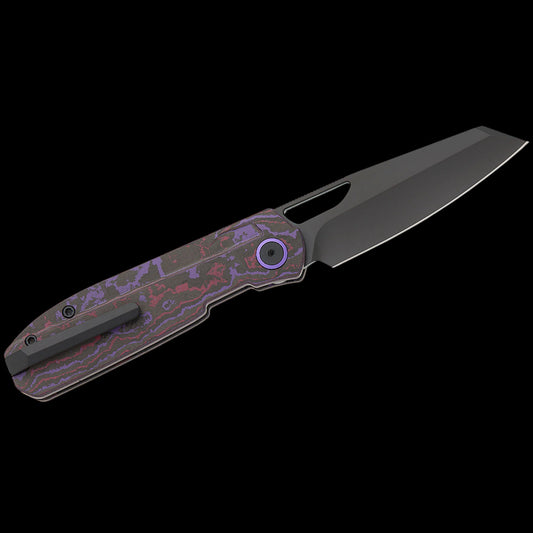 Kizer Cutlery Divo Knives Mash Button Liner Lock Folding Knife 3.21" M390 Matte Black DLC Ultra Modified Sheepsfoot Blade, Purple Haze FatCarbon Handles, Reversible Clip - Ki3699BSA2