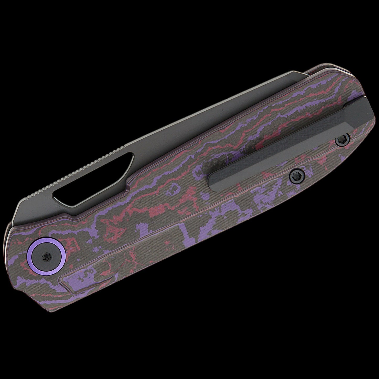 Kizer Cutlery Divo Knives Mash Button Liner Lock Folding Knife 3.21" M390 Matte Black DLC Ultra Modified Sheepsfoot Blade, Purple Haze FatCarbon Handles, Reversible Clip - Ki3699BSA2
