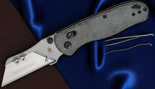 Kizer Cutlery Vanguard Azo Uti Bear 1 Clutch Lock Folding Knife 2.74" Replaceable Razor Blade, Black Micarta Handles with Toothpick and Tweezers, Reversible Clip, AXIS/Crossbar Lock - V3619JA3