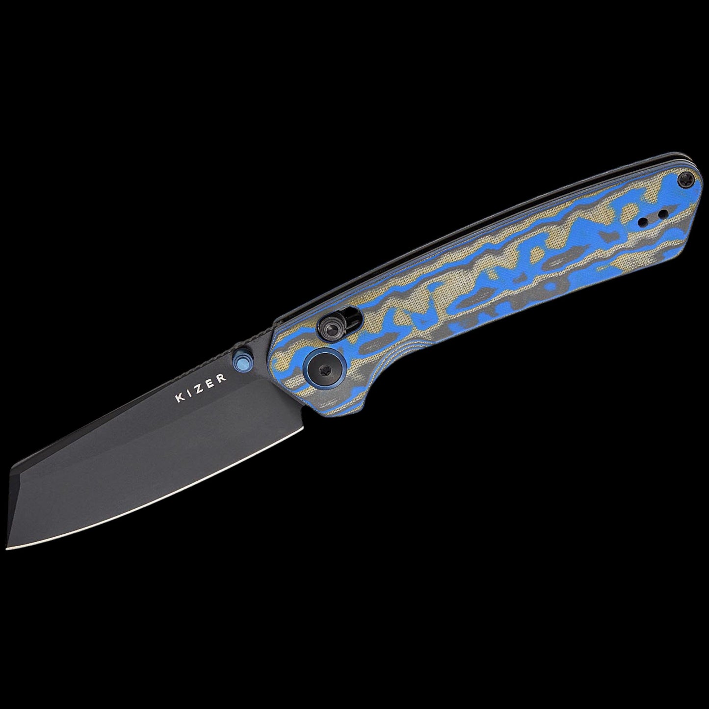 Kizer Cutlery Vanguard Matteo Pignatelli Madrac Clutch Lock Folding Knife 3.06" Nitro-V Black Stonewashed Reverse Tanto Blade, Blue Vortex Micarta Handles, Reversible Clip, AXIS/Crossbar Lock - V3693A4