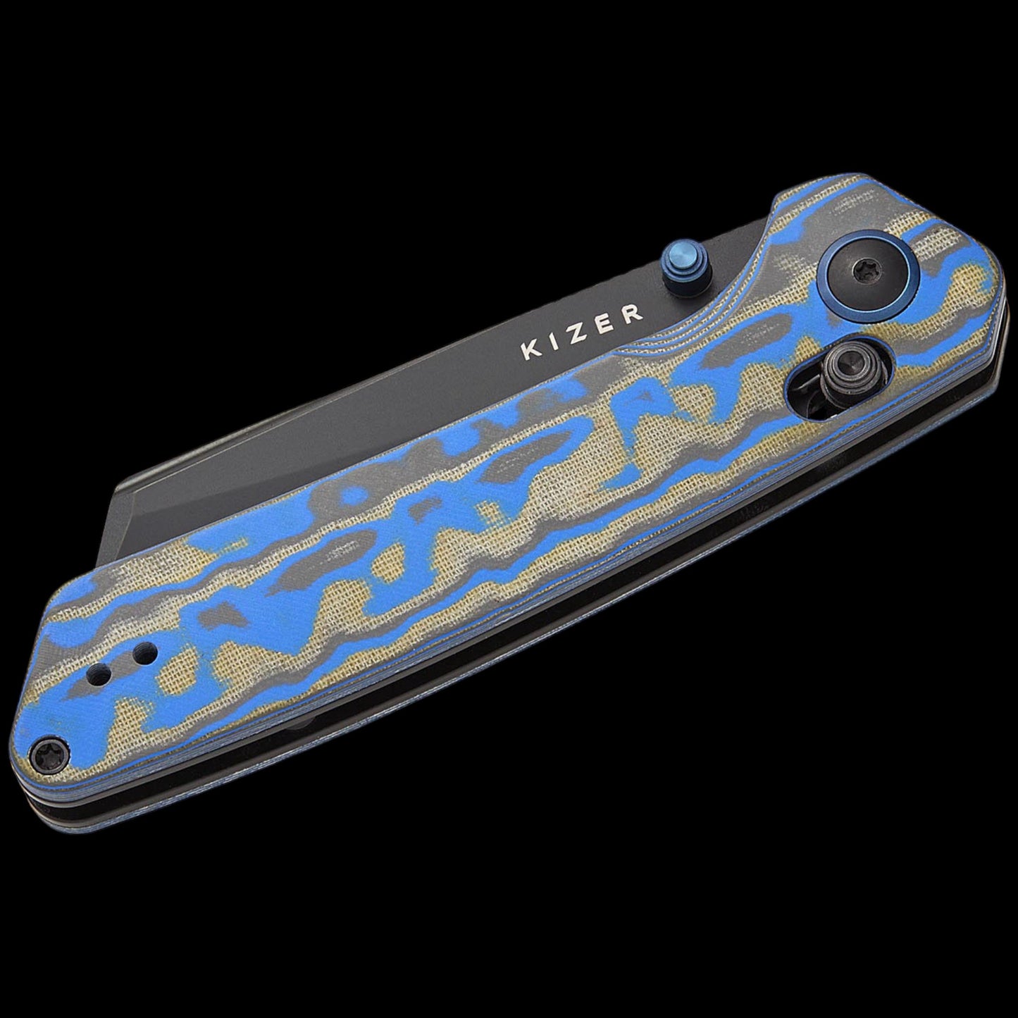 Kizer Cutlery Vanguard Matteo Pignatelli Madrac Clutch Lock Folding Knife 3.06" Nitro-V Black Stonewashed Reverse Tanto Blade, Blue Vortex Micarta Handles, Reversible Clip, AXIS/Crossbar Lock - V3693A4