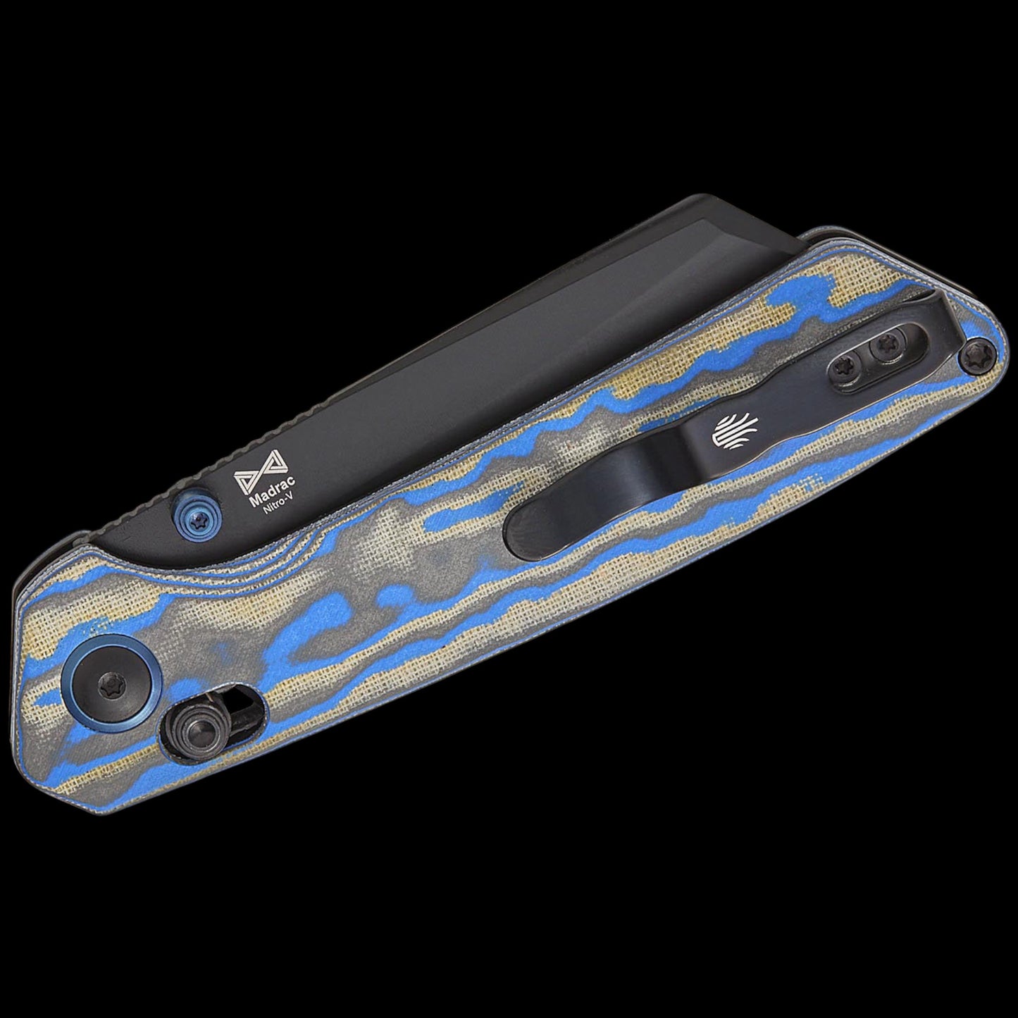 Kizer Cutlery Vanguard Matteo Pignatelli Madrac Clutch Lock Folding Knife 3.06" Nitro-V Black Stonewashed Reverse Tanto Blade, Blue Vortex Micarta Handles, Reversible Clip, AXIS/Crossbar Lock - V3693A4