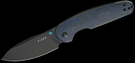 Kizer Cutlery Evgeniy Bulychev Meteora Folding Knife 3.22" Nitro-V Black PVD Drop Point Blade, Blue Canyon Richlite Handles, Liner Lock - V3730A3