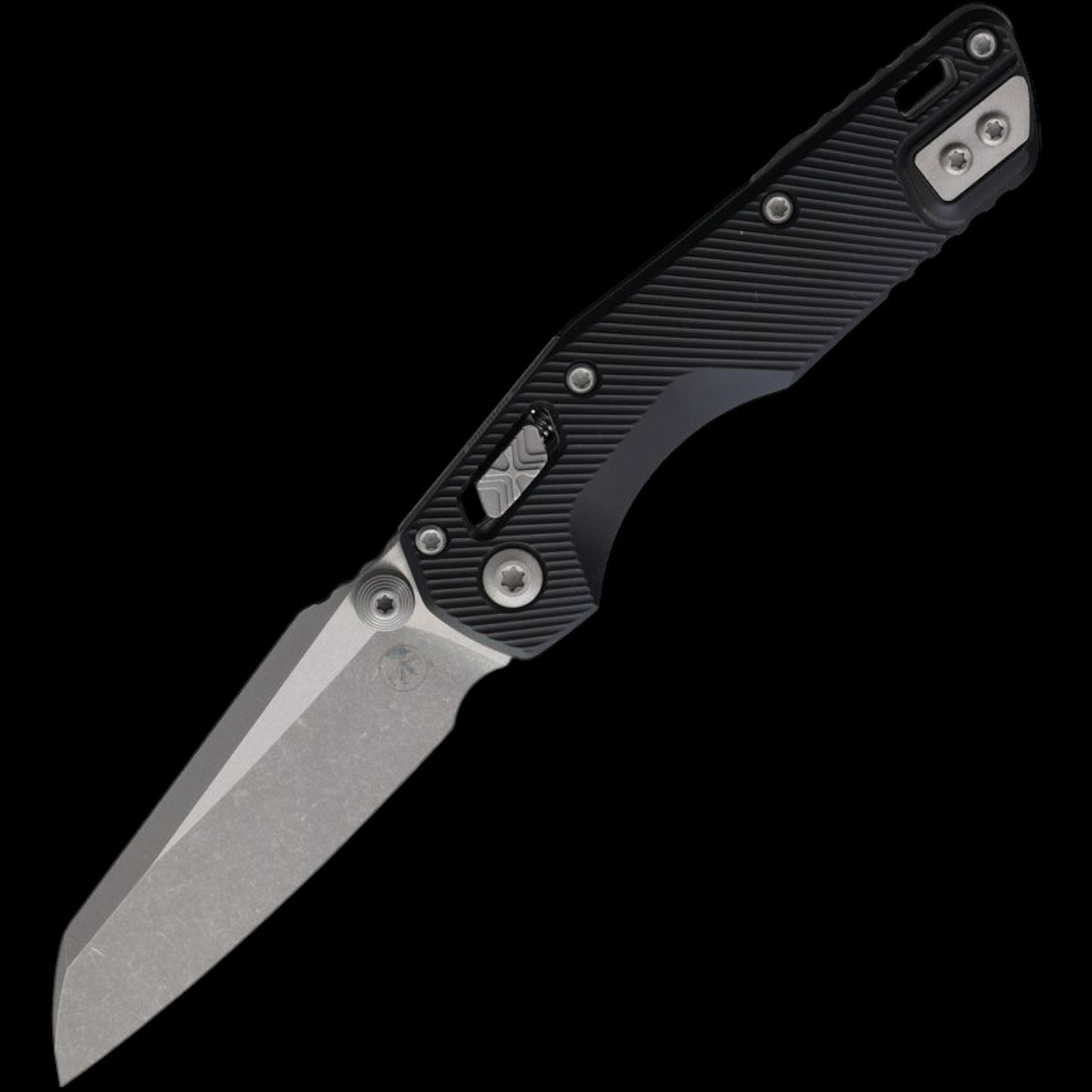 Microtech 210M-10APFL MSI Mini RAM-LOK Manual Folding Knife 3.19" Bohler M390MK Apocalyptic Modified Sheepsfoot Plain Blade, Black Fluted Aluminum Handles, Reversible Deep Carry Clip, AXIS/Crossbar Lock