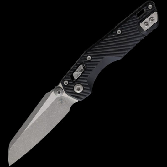 Microtech 210M-10APFL MSI Mini RAM-LOK Manual Folding Knife 3.19" Bohler M390MK Apocalyptic Modified Sheepsfoot Plain Blade, Black Fluted Aluminum Handles, Reversible Deep Carry Clip, AXIS/Crossbar Lock