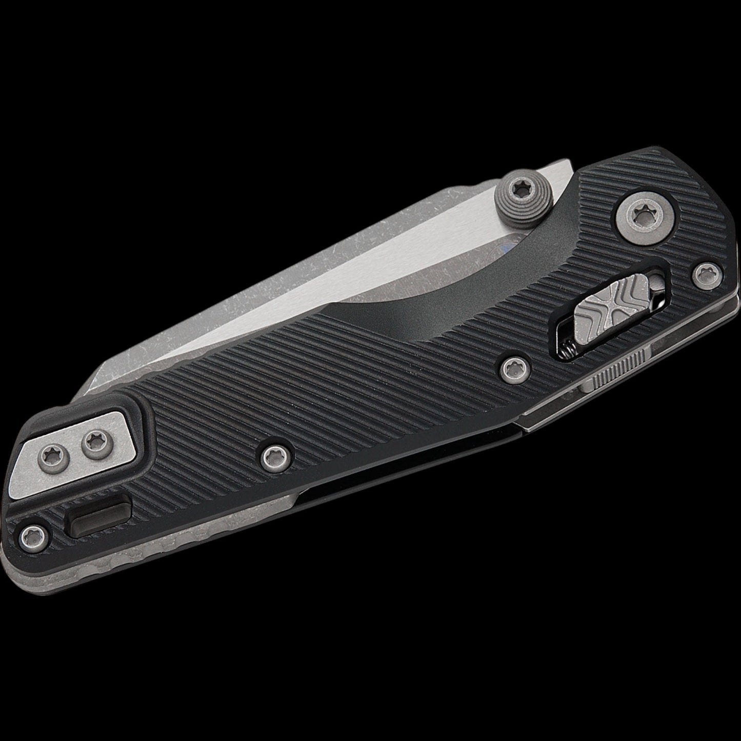 Microtech 210M-10APFL MSI Mini RAM-LOK Manual Folding Knife 3.19" Bohler M390MK Apocalyptic Modified Sheepsfoot Plain Blade, Black Fluted Aluminum Handles, Reversible Deep Carry Clip, AXIS/Crossbar Lock