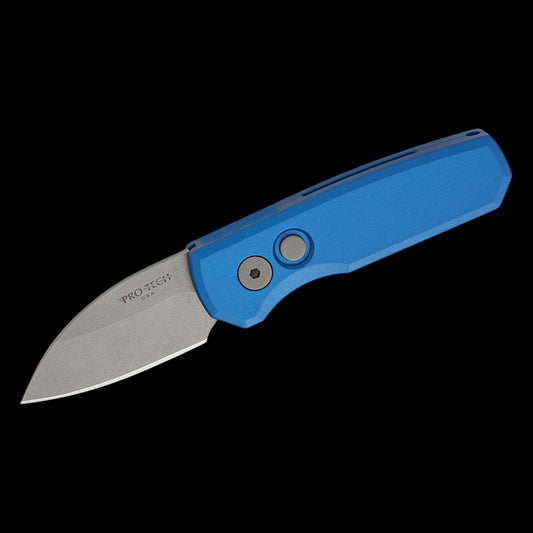 Pro-Tech R5301 Runt 5 AUTO Folding Knife 1.94" CPM-MagnaCut Stonewashed Wharncliffe Blade, Blue Aluminum Handles - R5301-BLUE