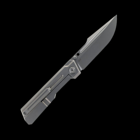 Poikilo Blade Marlin S1 Folding Knife Titanium Handle M398 Harpoon Plain Edge Pearlescent Stonewash Finish
