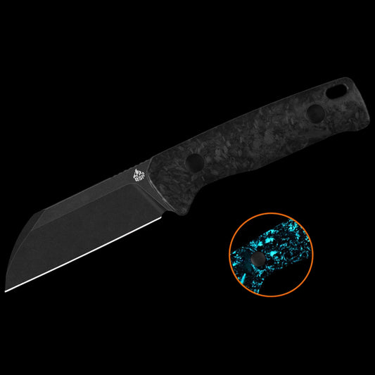 QSP Knives Baby Penguin Fixed Blade Knife 2.53" 14C28N Black Stonewashed Sheepsfoot Blade, Blue Glow-in-the-Dark Shredded Carbon Fiber Handles, Leather Sheath - QS130BP-F2