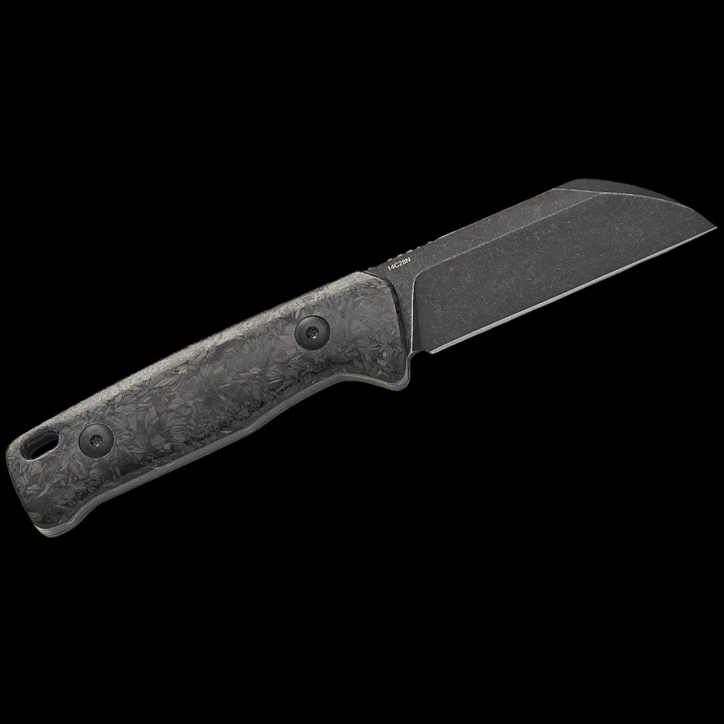 QSP Knives Baby Penguin Fixed Blade Knife 2.53" 14C28N Black Stonewashed Sheepsfoot Blade, Blue Glow-in-the-Dark Shredded Carbon Fiber Handles, Leather Sheath - QS130BP-F2