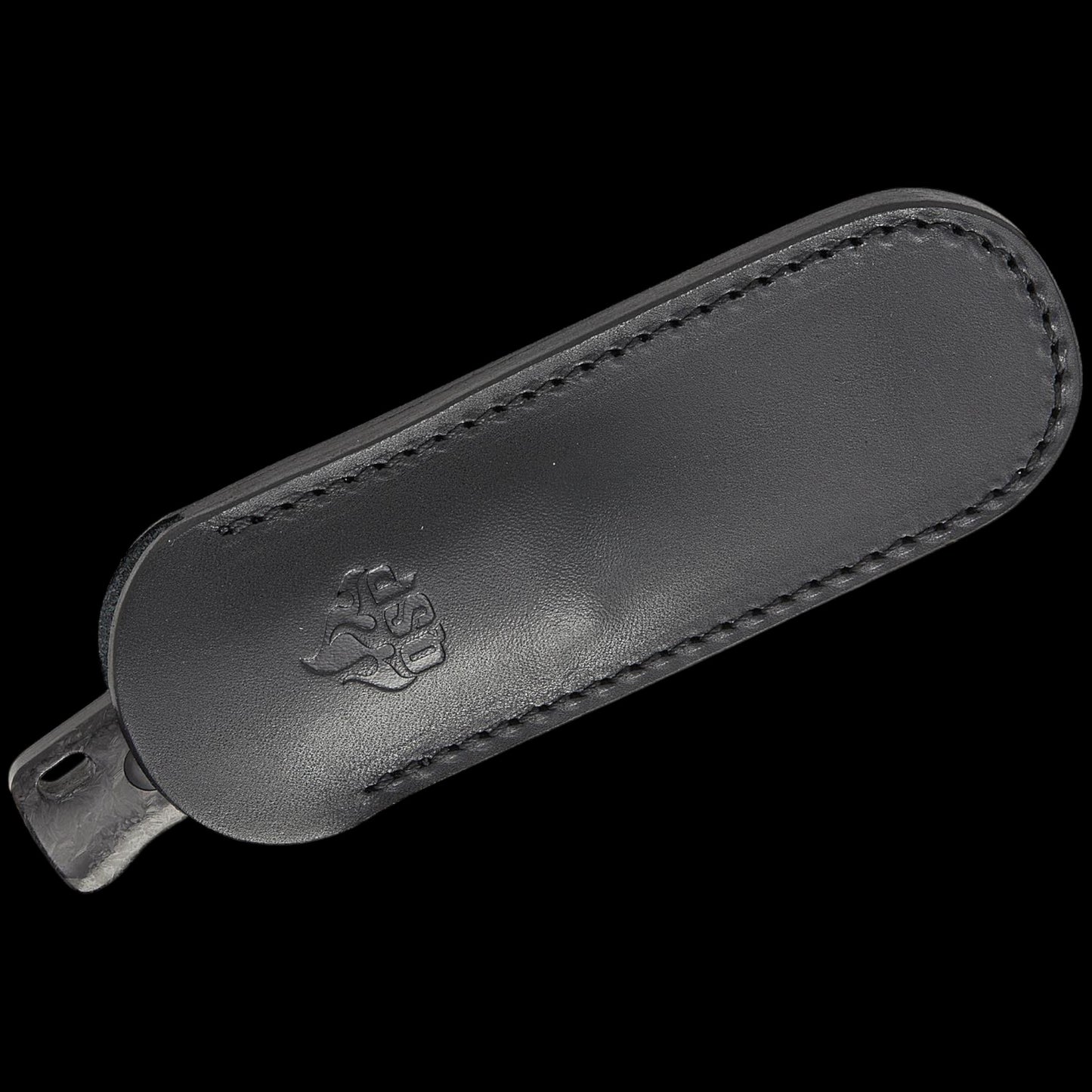 QSP Knives Baby Penguin Fixed Blade Knife 2.53" 14C28N Black Stonewashed Sheepsfoot Blade, Blue Glow-in-the-Dark Shredded Carbon Fiber Handles, Leather Sheath - QS130BP-F2