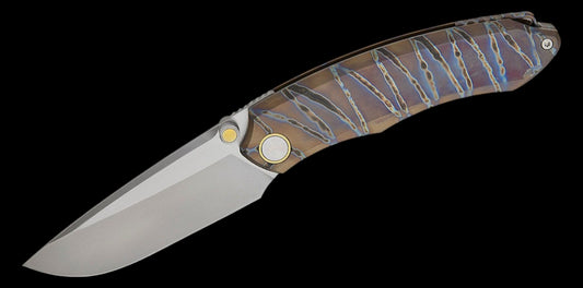 Remette Knives Wild Species Front Flipper Knife 3.35" M390 Pearlescent Satin Drop Point Blade, Tiger Stripe Flamed Titanium Handles, Frame Lock - WD108-C