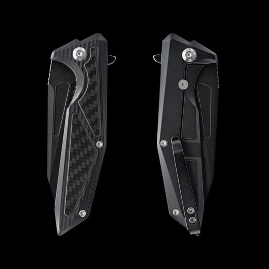 Skallywag Tactical Shadow Beard Frame Lock Flipper Knife 3.4" D2 Black PVD Drop Point Blade, Machined Black G10 Handle with Carbon Fiber Inlays and Titanium Lock