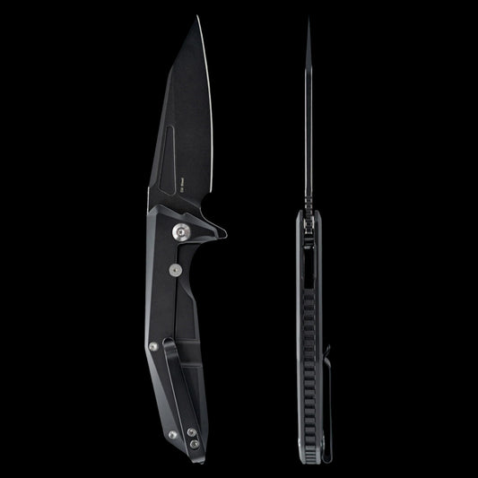 Skallywag Tactical Shadow Beard Frame Lock Flipper Knife 3.4" D2 Black PVD Drop Point Blade, Machined Black G10 Handle with Carbon Fiber Inlays and Titanium Lock