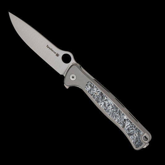 Spyderco/LionSTEEL Michele Pensato Slym Frame Lock Flipper Knife 3.42" M390 Stonewashed Drop Point Blade, Gray PVD Titanium Handles with Polar Dark Matter FatCarbon Inlay - C271TIP