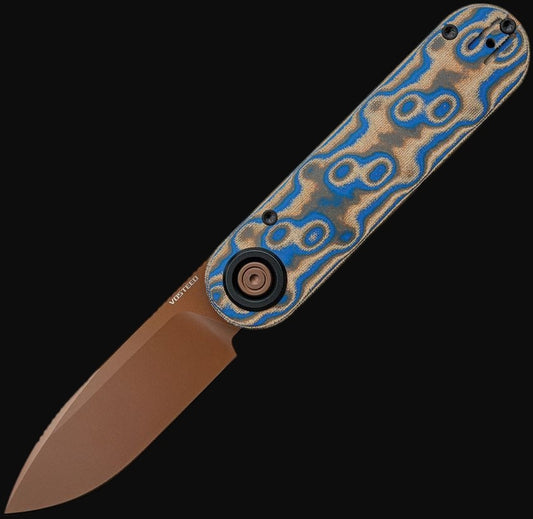 Vosteed Knives Corgi V 295 Vanchor Lock - Blue Ocean Micarta Show Side / Blue Aluminum Carry Side Scales / Copper Dune Blade