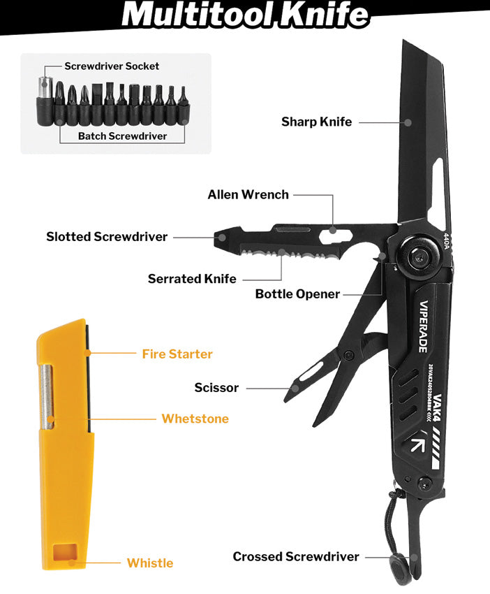 VIPERADE VAK4 Multitool Pocket Knife for Men, Multifunctional 21-in-1 Multitool Pocket Knife with Pouch, Outdoor Camping Survival and Everyday Use (K4-Black)