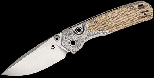 Vosteed Knives TuffKnives Psyop 299 Top Liner Lock Folding Knife 2.99" S35VN Stonewashed Drop Point Blade, Natural Norplex UltreX Micarta Handles with Titanium Bolsters, Button Lock - A2232