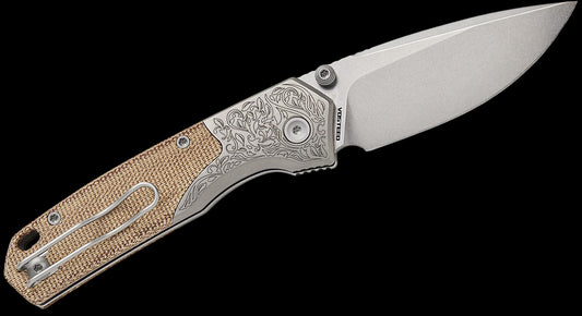 Vosteed Knives TuffKnives Psyop 299 Top Liner Lock Folding Knife 2.99" S35VN Stonewashed Drop Point Blade, Natural Norplex UltreX Micarta Handles with Titanium Bolsters, Button Lock - A2232