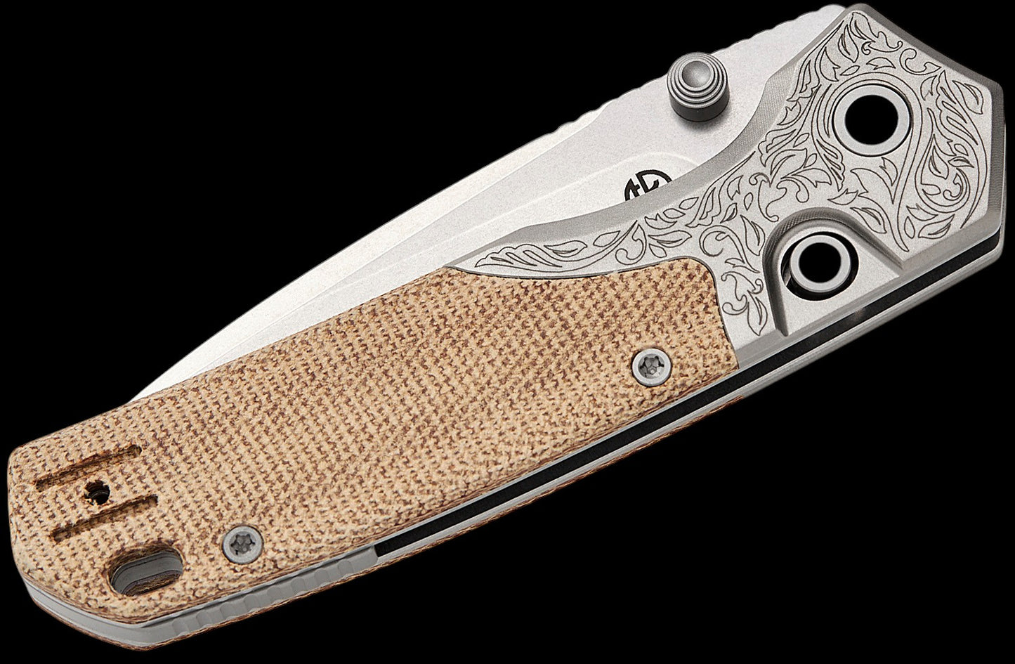 Vosteed Knives TuffKnives Psyop 299 Top Liner Lock Folding Knife 2.99" S35VN Stonewashed Drop Point Blade, Natural Norplex UltreX Micarta Handles with Titanium Bolsters, Button Lock - A2232