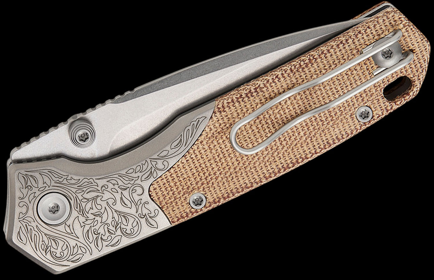 Vosteed Knives TuffKnives Psyop 299 Top Liner Lock Folding Knife 2.99" S35VN Stonewashed Drop Point Blade, Natural Norplex UltreX Micarta Handles with Titanium Bolsters, Button Lock - A2232