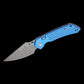 Tenable Knives Fenrir Top Liner Lock Folding Knife 3.45" Damascus Harpoon Blade, Dark Blue Anodized Aluminum Handles with Fishscale Pattern, Button Lock - B1034H9
