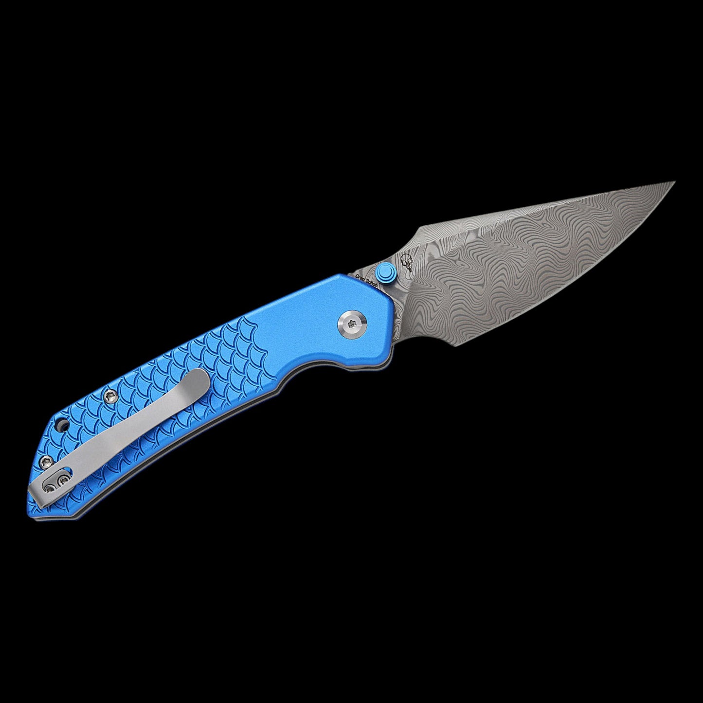 Tenable Knives Fenrir Top Liner Lock Folding Knife 3.45" Damascus Harpoon Blade, Dark Blue Anodized Aluminum Handles with Fishscale Pattern, Button Lock - B1034H9