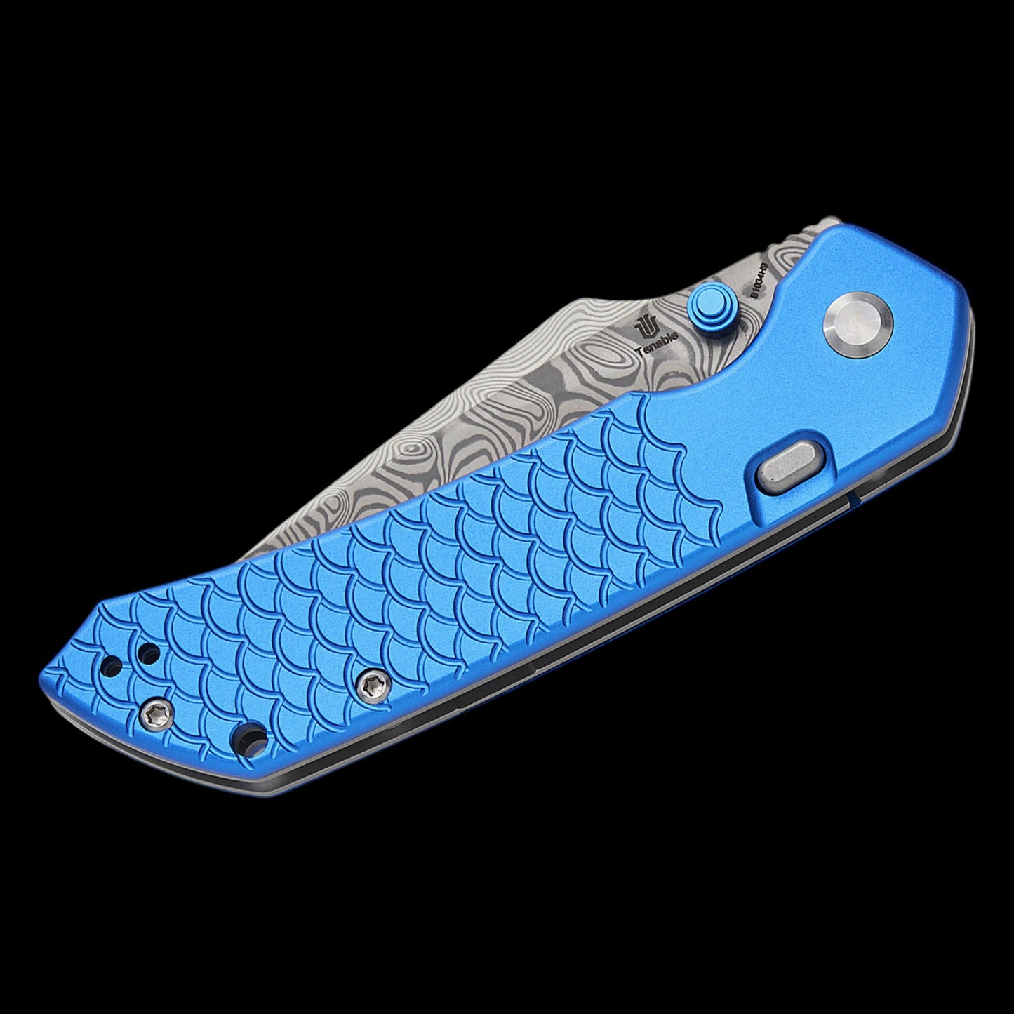Tenable Knives Fenrir Top Liner Lock Folding Knife 3.45" Damascus Harpoon Blade, Dark Blue Anodized Aluminum Handles with Fishscale Pattern, Button Lock - B1034H9