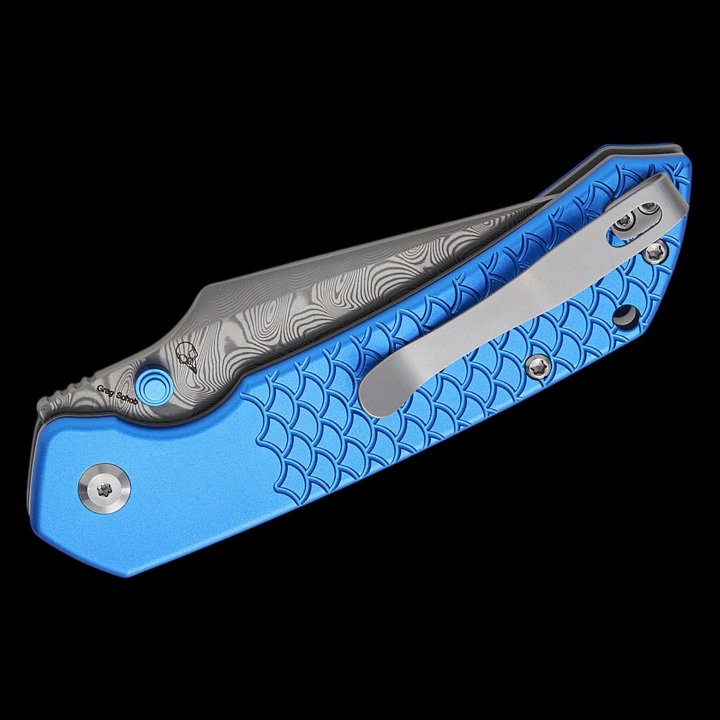 Tenable Knives Fenrir Top Liner Lock Folding Knife 3.45" Damascus Harpoon Blade, Dark Blue Anodized Aluminum Handles with Fishscale Pattern, Button Lock - B1034H9
