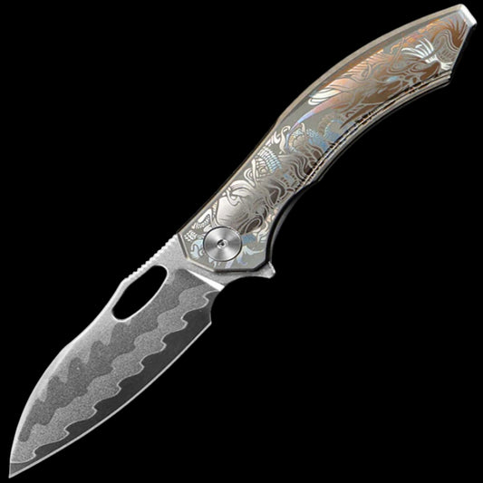 CH Knives Cupra SL Linerlock Gray Titanium Folding Damascus & Elmax Knife