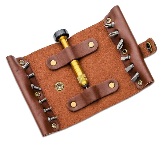 Columbia River CRKT 9911 Joe Wu Hex Bit Driver Tool Roll, Brass Body, Leather Roll
